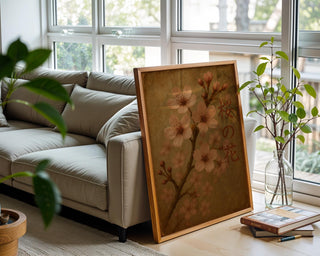 Sakura Blossom Wall Art – Japanese Cherry Flower Print with Vintage Tones and Kanji Text, Serene Nature Poster in Soft Pink & Brown - Just Great Posters