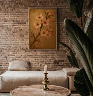 Sakura Blossom Wall Art – Japanese Cherry Flower Print with Vintage Tones and Kanji Text, Serene Nature Poster in Soft Pink & Brown - Just Great Posters