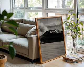 Cowboy Muscle Car Print – Black & White Desert Drift Photo with Smoke Trail, Western Noir Wall Art for Vintage Americana Vibes - Just Great Posters