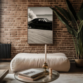 Cowboy Muscle Car Print – Black & White Desert Drift Photo with Smoke Trail, Western Noir Wall Art for Vintage Americana Vibes - Just Great Posters