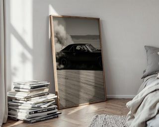 Cowboy Muscle Car Print – Black & White Desert Drift Photo with Smoke Trail, Western Noir Wall Art for Vintage Americana Vibes - Just Great Posters