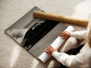 Cowboy Muscle Car Print – Black & White Desert Drift Photo with Smoke Trail, Western Noir Wall Art for Vintage Americana Vibes - Just Great Posters