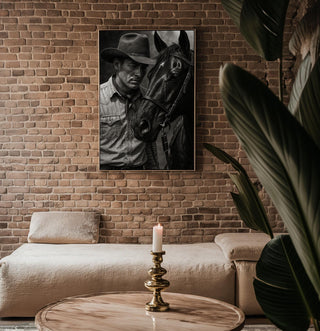 Cowboy & Horse Photo – Intimate Western Portrait in Black and White, Moody Americana Print for Ranch Style or Rustic Home Decor - Just Great Posters