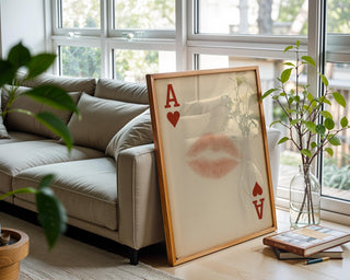 Kiss Card Art Print – Romantic Playing Card Poster with Lipstick Mark on Ace of Hearts, Bold Vintage - Inspired Wall Art for Lovers - Just Great Posters
