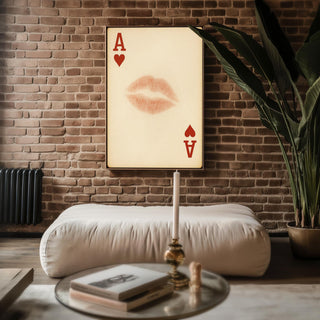Kiss Card Art Print – Romantic Playing Card Poster with Lipstick Mark on Ace of Hearts, Bold Vintage - Inspired Wall Art for Lovers - Just Great Posters