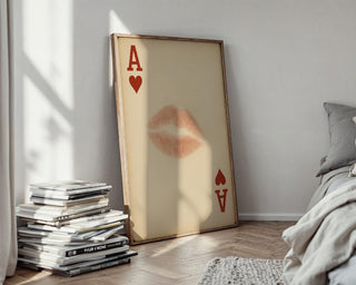 Kiss Card Art Print – Romantic Playing Card Poster with Lipstick Mark on Ace of Hearts, Bold Vintage - Inspired Wall Art for Lovers - Just Great Posters