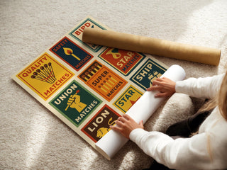 Vintage Matchbox Poster – Colorful Retro Safety Match Label Art, Bold Graphic Print with Lions, Ships, Stars & More for Cool Wall Vibes - Just Great Posters