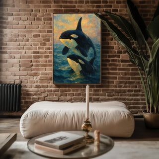 Orca Whale Painting Print – Two Killer Whales Breaching at Sunset in Impressionist Style, Serene Ocean Wall Art for Nature Lovers - Just Great Posters