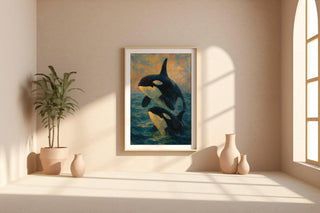 Orca Whale Painting Print – Two Killer Whales Breaching at Sunset in Impressionist Style, Serene Ocean Wall Art for Nature Lovers - Just Great Posters