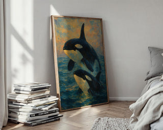 Orca Whale Painting Print – Two Killer Whales Breaching at Sunset in Impressionist Style, Serene Ocean Wall Art for Nature Lovers - Just Great Posters