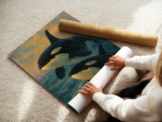 Orca Whale Painting Print – Two Killer Whales Breaching at Sunset in Impressionist Style, Serene Ocean Wall Art for Nature Lovers - Just Great Posters