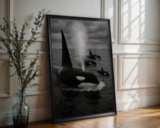 Orca Whale Family Print – Black & White Ocean Photo of Pod Surfacing, Moody Wildlife Wall Art for Sea Lovers and Modern Nature Print - Just Great Posters