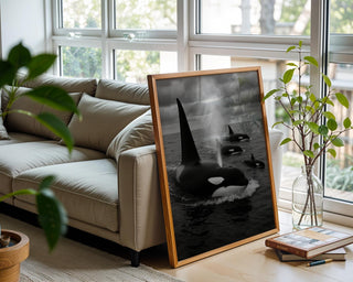 Orca Whale Family Print – Black & White Ocean Photo of Pod Surfacing, Moody Wildlife Wall Art for Sea Lovers and Modern Nature Print - Just Great Posters