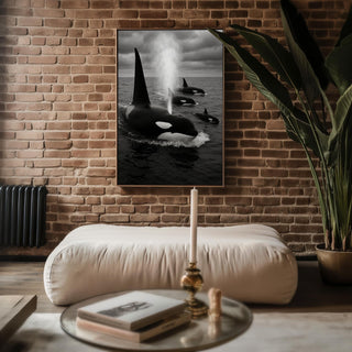 Orca Whale Family Print – Black & White Ocean Photo of Pod Surfacing, Moody Wildlife Wall Art for Sea Lovers and Modern Nature Print - Just Great Posters