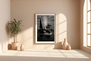 Orca Whale Family Print – Black & White Ocean Photo of Pod Surfacing, Moody Wildlife Wall Art for Sea Lovers and Modern Nature Print - Just Great Posters