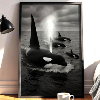 Orca Whale Family Print – Black & White Ocean Photo of Pod Surfacing, Moody Wildlife Wall Art for Sea Lovers and Modern Nature Print - Just Great Posters