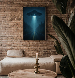 UFO Abduction Art Print – Night Scene with Beam of Light on Forest Road, Eerie Alien Poster for Sci - Fi Decor & X - Files Style Spaces - Just Great Posters