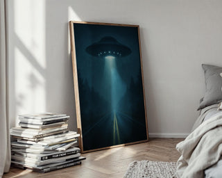 UFO Abduction Art Print – Night Scene with Beam of Light on Forest Road, Eerie Alien Poster for Sci - Fi Decor & X - Files Style Spaces - Just Great Posters