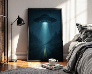 UFO Abduction Art Print – Night Scene with Beam of Light on Forest Road, Eerie Alien Poster for Sci - Fi Decor & X - Files Style Spaces - Just Great Posters