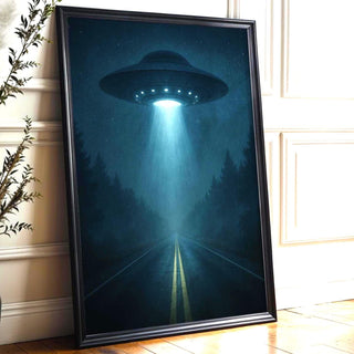 UFO Abduction Art Print – Night Scene with Beam of Light on Forest Road, Eerie Alien Poster for Sci - Fi Decor & X - Files Style Spaces - Just Great Posters