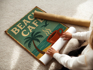 Beach Café Poster – Retro Coffee and Palm Tree Wall Art, Vintage Coastal Kitchen Print, Tropical Summer Decor for Bold Home Style - Just Great Posters