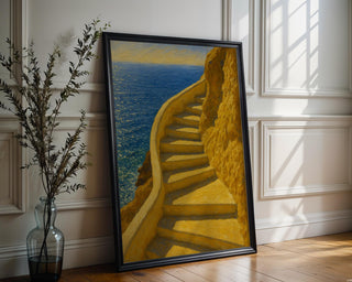 Seaside Steps Art Print – Dreamy Yellow Staircase Wall Poster, Coastal Mediterranean Decor, Summer Travel Vibes, Free Shipping Always - Just Great Posters