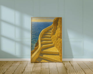 Seaside Steps Art Print – Dreamy Yellow Staircase Wall Poster, Coastal Mediterranean Decor, Summer Travel Vibes, Free Shipping Always - Just Great Posters