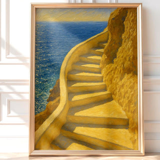 Seaside Steps Art Print – Dreamy Yellow Staircase Wall Poster, Coastal Mediterranean Decor, Summer Travel Vibes, Free Shipping Always - Just Great Posters