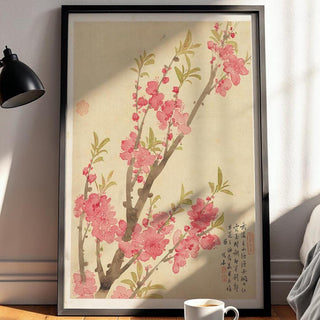 Blossom Japanese Ink Print – Minimalist Vintage Botanical Art, Pink Flower Branch Watercolor Poster, Zen Asian Wall Decor - Just Great Posters