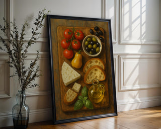 Mediterranean Kitchen Poster | Rustic Food Still Life Wall Art with Cheese, Olives & Tomatoes | Cozy Culinary Print | Free Shipping - Just Great Posters