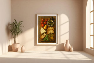 Mediterranean Kitchen Poster | Rustic Food Still Life Wall Art with Cheese, Olives & Tomatoes | Cozy Culinary Print | Free Shipping - Just Great Posters