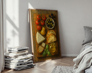 Mediterranean Kitchen Poster | Rustic Food Still Life Wall Art with Cheese, Olives & Tomatoes | Cozy Culinary Print | Free Shipping - Just Great Posters