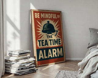 Tea Time Alarm Poster | Funny British Wall Art with Retro Graphic Bell Design | Kitchen or Cafe Print for Tea Lovers | Free Shipping - Just Great Posters