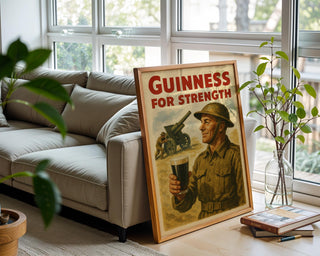 Guinness for Strength Poster | Bold Vintage Beer Ad Print with Retro Weightlifter Design | Funny Bar Wall Art | Free Shipping Always - Just Great Posters