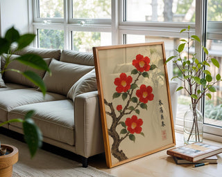 Red Camellia Blossom Poster | Japanese - Style Botanical Wall Art with Vintage Ink Brush Look | Zen Nature Print | Free Shipping Always - Just Great Posters