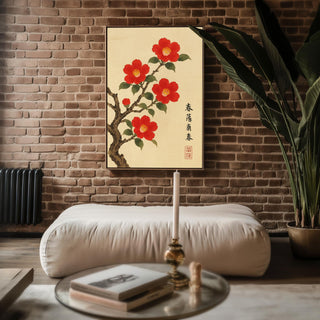 Red Camellia Blossom Poster | Japanese - Style Botanical Wall Art with Vintage Ink Brush Look | Zen Nature Print | Free Shipping Always - Just Great Posters