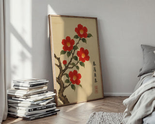 Red Camellia Blossom Poster | Japanese - Style Botanical Wall Art with Vintage Ink Brush Look | Zen Nature Print | Free Shipping Always - Just Great Posters