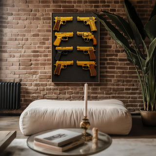 Golden Pistols Poster | Luxury Weapon Grid Wall Art with Bold Gold on Black Design | Edgy Modern Statement Print | Free Shipping Always - Just Great Posters