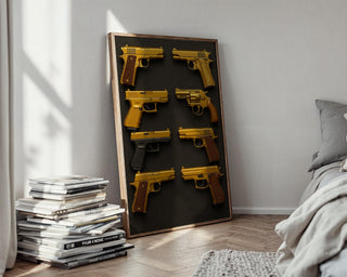 Golden Pistols Poster | Luxury Weapon Grid Wall Art with Bold Gold on Black Design | Edgy Modern Statement Print | Free Shipping Always - Just Great Posters