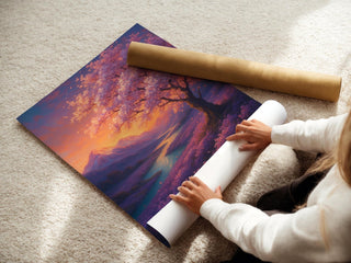 Sunset Blossom Tree Poster | Dreamy Landscape Wall Art with Lavender Fields & River | Fantasy Nature Print | Free Shipping Always - Just Great Posters