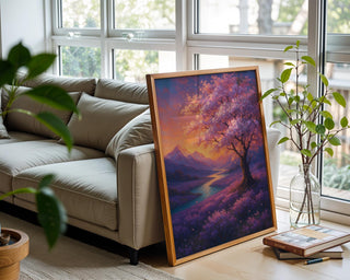 Sunset Blossom Tree Poster | Dreamy Landscape Wall Art with Lavender Fields & River | Fantasy Nature Print | Free Shipping Always - Just Great Posters