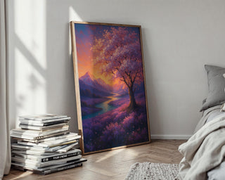 Sunset Blossom Tree Poster | Dreamy Landscape Wall Art with Lavender Fields & River | Fantasy Nature Print | Free Shipping Always - Just Great Posters