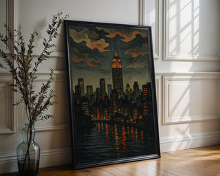 New York City Night Skyline Poster | Moody Empire State Building Wall Art with River Lights | Retro Urban Print | Free Shipping Always - Just Great Posters