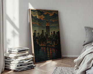 New York City Night Skyline Poster | Moody Empire State Building Wall Art with River Lights | Retro Urban Print | Free Shipping Always - Just Great Posters