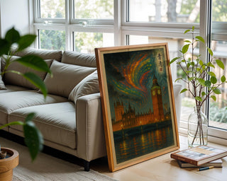 London Big Ben Aurora Poster | Surreal Night Sky Wall Art with Parliament & River Thames | Fantasy City Print | Free Shipping Always - Just Great Posters