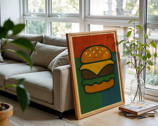 Cheeseburger Pop Art Poster | Bold Graphic Wall Art with Retro Food Design | Fun Fast Food Print for Kitchen or Diner | Free Shipping - Just Great Posters
