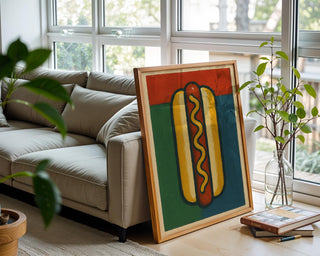 Hot Dog Wall Art Print – Bold Pop Art Style Food Poster for Kitchen or Diner Decor, Quirky Fast Food Illustration, Free Shipping - Just Great Posters