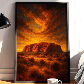 Uluru Wall Art Print – Bold Australian Outback Landscape with Sun and River, Sacred Desert Nature Poster, Earthy Decor, Free Shipping - Just Great Posters