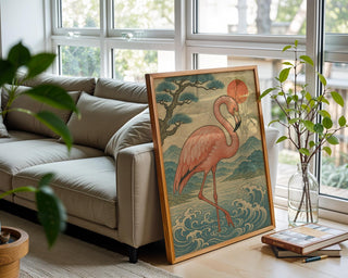 Flamingo Wall Art Print – Japanese Woodblock Style Tropical Bird with Sunset and Waves, Elegant Nature Poster, Free Shipping - Just Great Posters