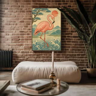 Flamingo Wall Art Print – Japanese Woodblock Style Tropical Bird with Sunset and Waves, Elegant Nature Poster, Free Shipping - Just Great Posters